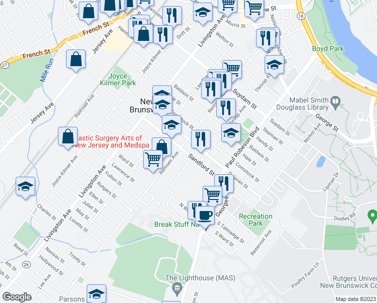 map of restaurants, bars, coffee shops, grocery stores, and more near 147 Sandford Street in New Brunswick