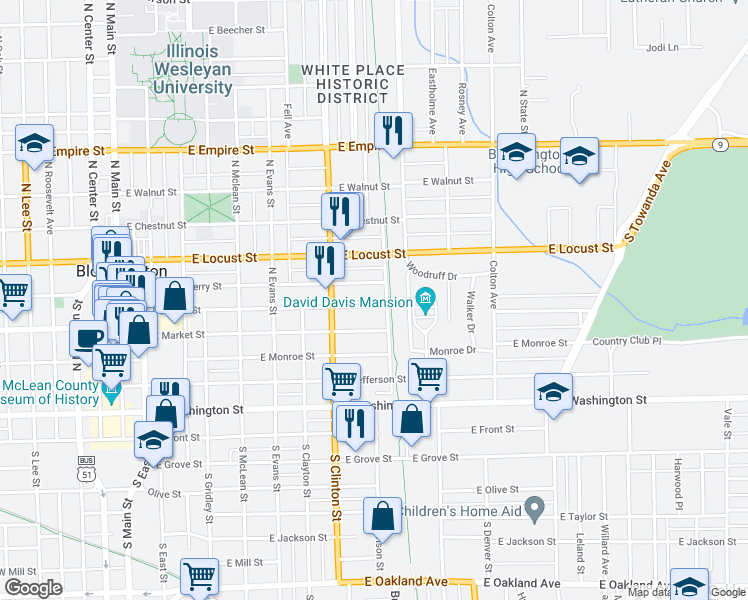map of restaurants, bars, coffee shops, grocery stores, and more near 820 Douglas Street in Bloomington