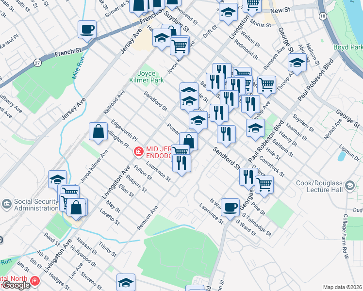 map of restaurants, bars, coffee shops, grocery stores, and more near 196 Powers Street in New Brunswick