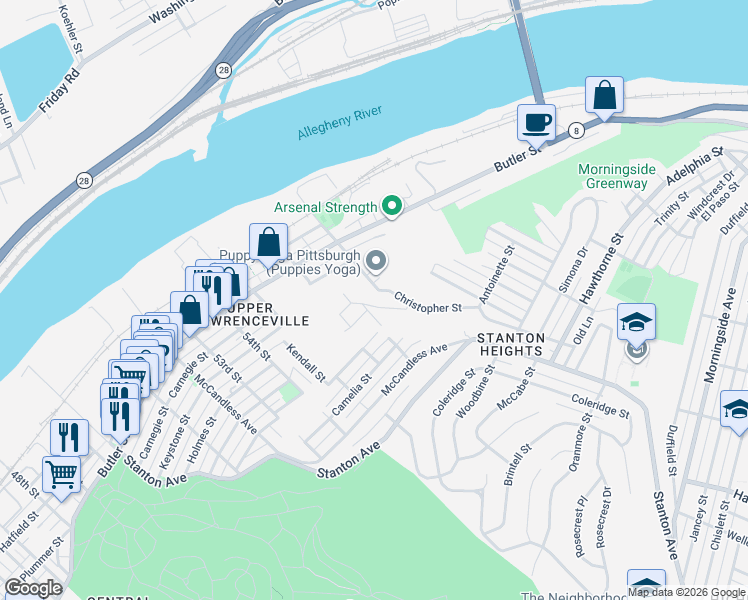 map of restaurants, bars, coffee shops, grocery stores, and more near 249 57th Street in Pittsburgh