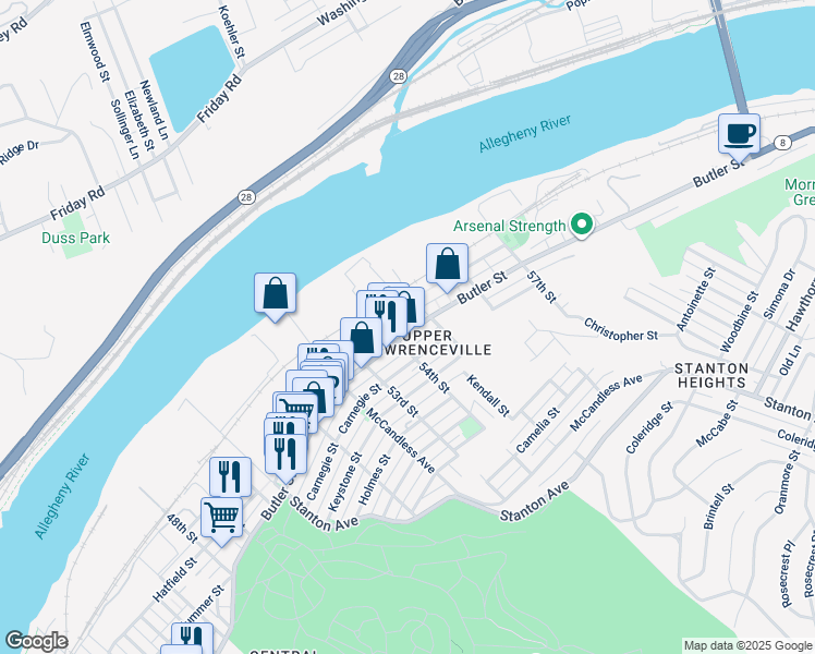 map of restaurants, bars, coffee shops, grocery stores, and more near 5410 Harrison Street in Pittsburgh