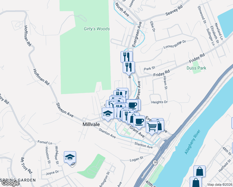 map of restaurants, bars, coffee shops, grocery stores, and more near 401 Colton Street in Pittsburgh