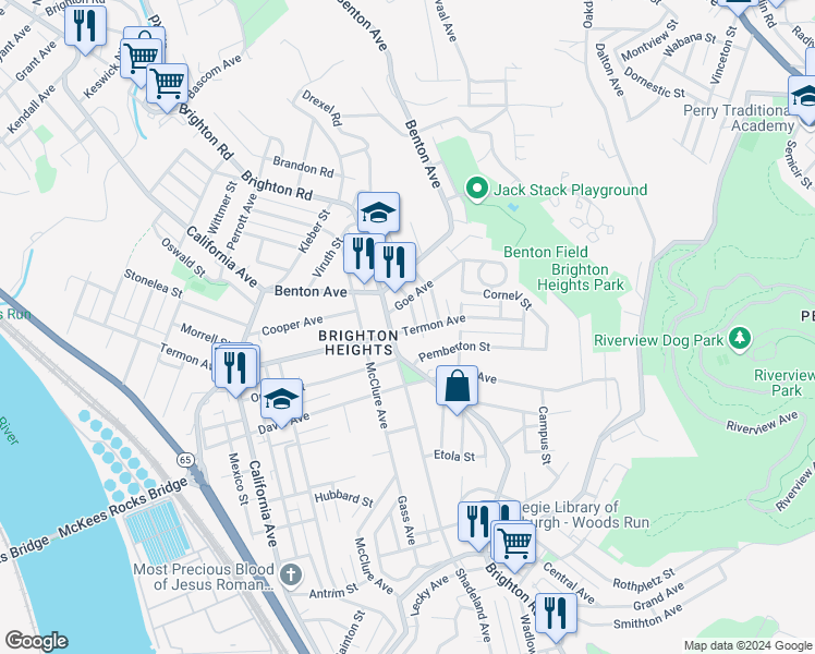map of restaurants, bars, coffee shops, grocery stores, and more near in Pittsburgh