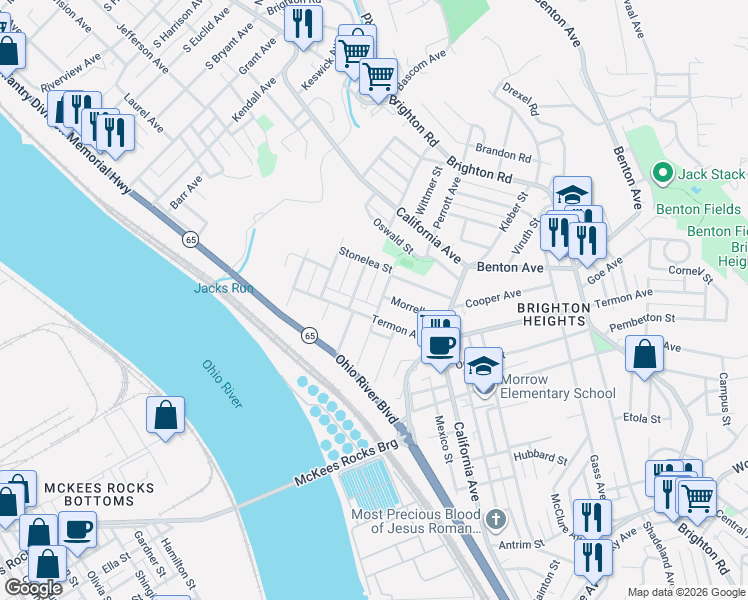 map of restaurants, bars, coffee shops, grocery stores, and more near 3831 Hiawatha Street in Pittsburgh
