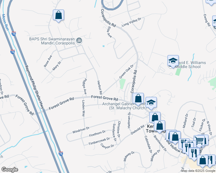 map of restaurants, bars, coffee shops, grocery stores, and more near 40 Green Oak Drive in Coraopolis