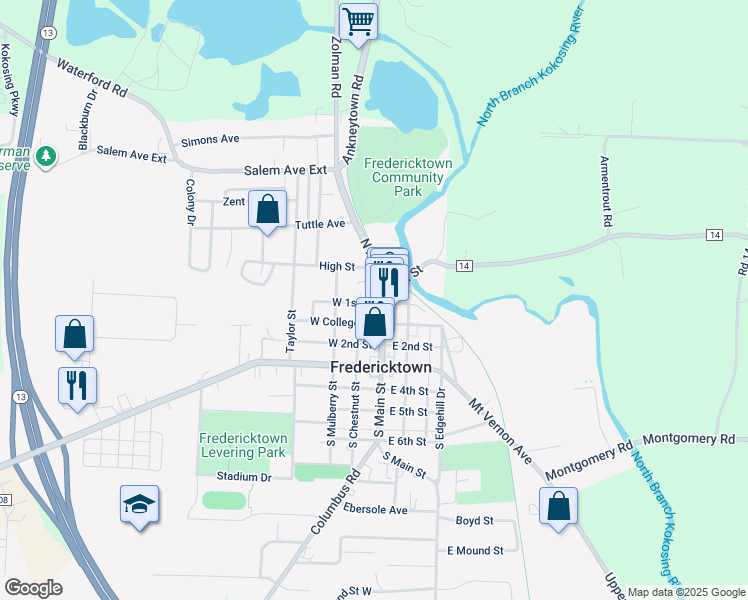 map of restaurants, bars, coffee shops, grocery stores, and more near 167 North Main Street in Fredericktown