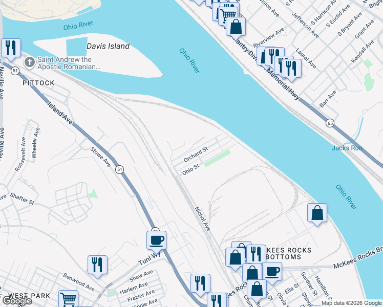 map of restaurants, bars, coffee shops, grocery stores, and more near 106 Orchard Street in McKees Rocks