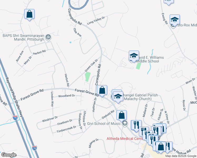map of restaurants, bars, coffee shops, grocery stores, and more near 1101 Brandon Way in Coraopolis
