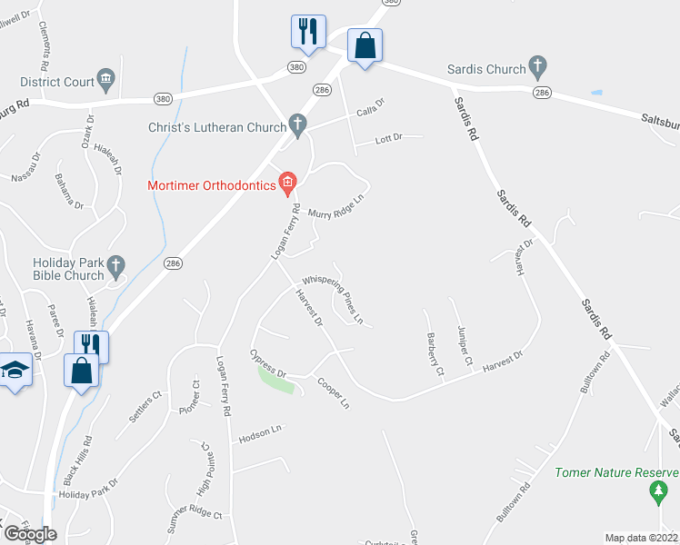 map of restaurants, bars, coffee shops, grocery stores, and more near Hemlock Lane in Murrysville