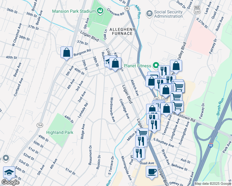 map of restaurants, bars, coffee shops, grocery stores, and more near 204 Coleridge Avenue in Altoona