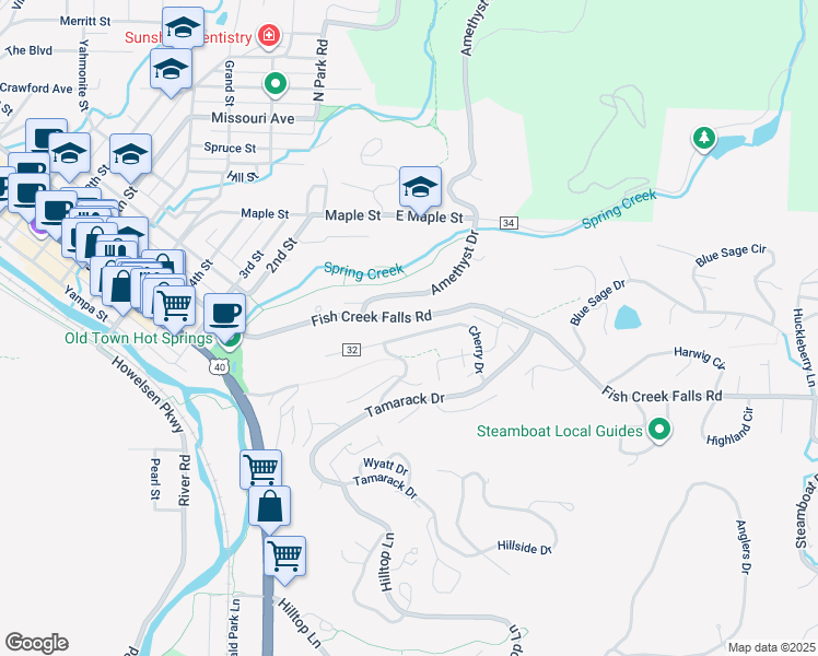 map of restaurants, bars, coffee shops, grocery stores, and more near 362 Cherry Drive in Steamboat Springs
