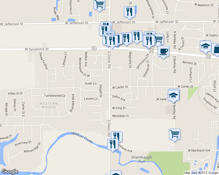 map of restaurants, bars, coffee shops, grocery stores, and more near 2398 W Carter St in Kokomo