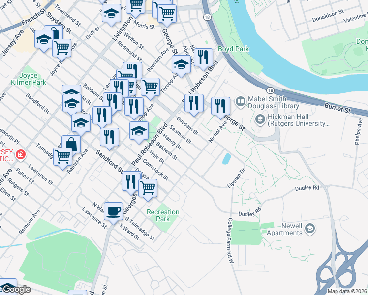 map of restaurants, bars, coffee shops, grocery stores, and more near 22 Seaman Street in New Brunswick