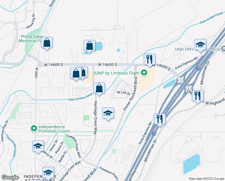 map of restaurants, bars, coffee shops, grocery stores, and more near 14750 South Rising Star Lane in Bluffdale