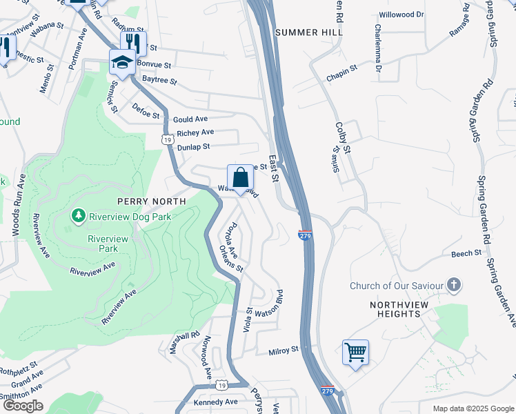 map of restaurants, bars, coffee shops, grocery stores, and more near 203 Watson Boulevard in Pittsburgh