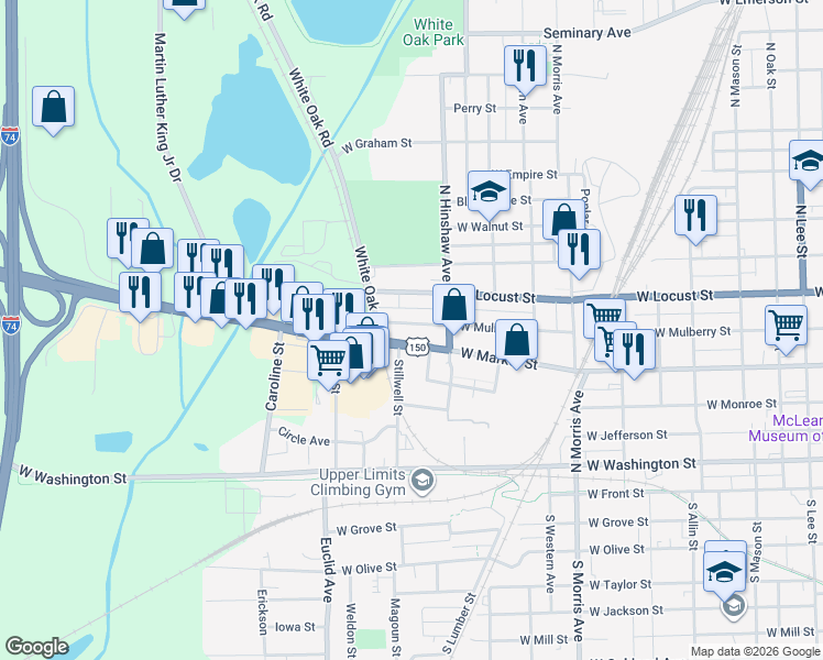 map of restaurants, bars, coffee shops, grocery stores, and more near 1414 1/2 W Mulberry St in Bloomington
