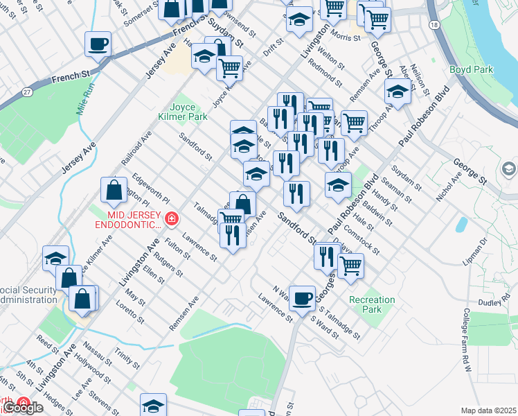 map of restaurants, bars, coffee shops, grocery stores, and more near 190 Sandford Street in New Brunswick