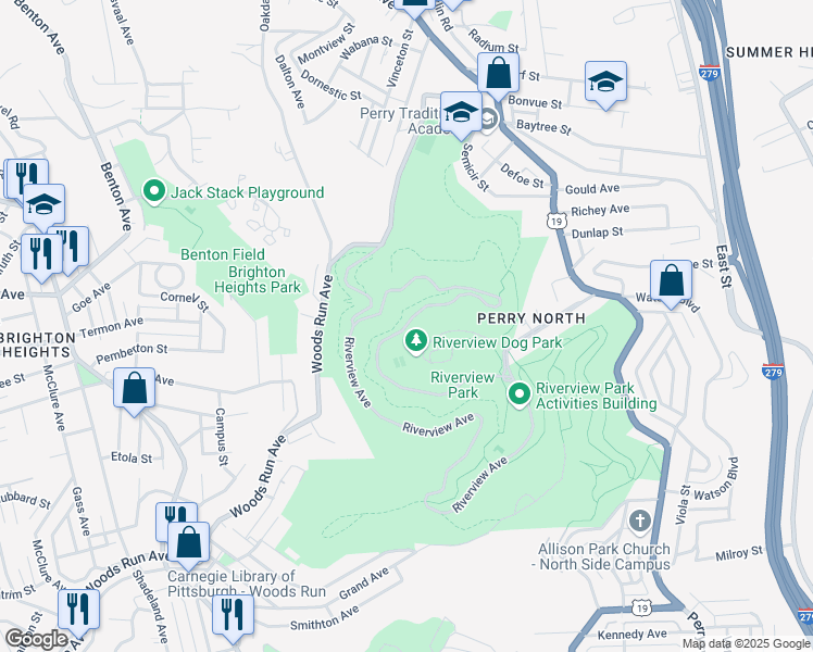 map of restaurants, bars, coffee shops, grocery stores, and more near 100 Riverview Avenue in Pittsburgh