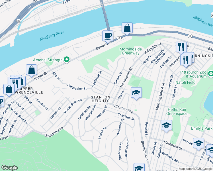 map of restaurants, bars, coffee shops, grocery stores, and more near 1369 Woodbine Street in Pittsburgh