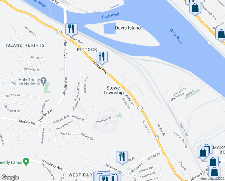map of restaurants, bars, coffee shops, grocery stores, and more near 141 Davis Avenue in McKees Rocks