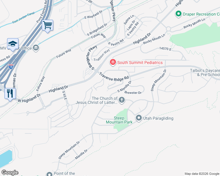 map of restaurants, bars, coffee shops, grocery stores, and more near 299 Nechatel Drive in Draper