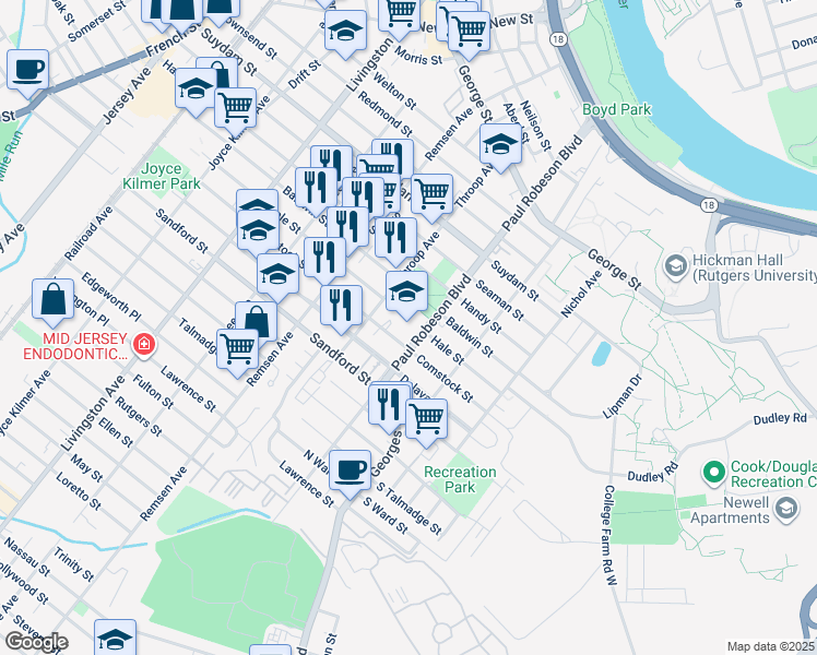 map of restaurants, bars, coffee shops, grocery stores, and more near 199 Commercial Avenue in New Brunswick