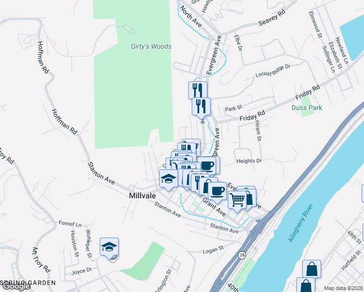 map of restaurants, bars, coffee shops, grocery stores, and more near 401 Colton Street in Pittsburgh