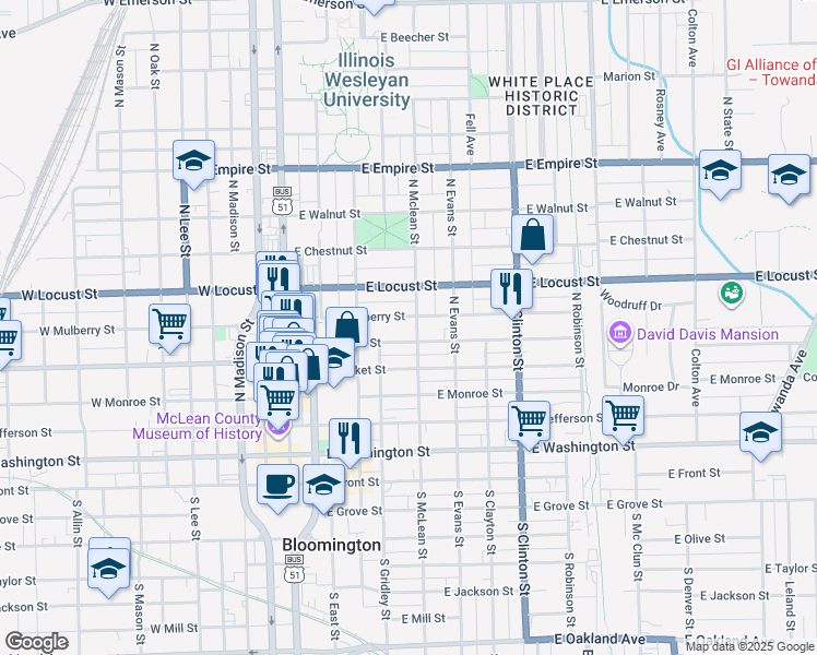 map of restaurants, bars, coffee shops, grocery stores, and more near 612 North Mclean Street in Bloomington