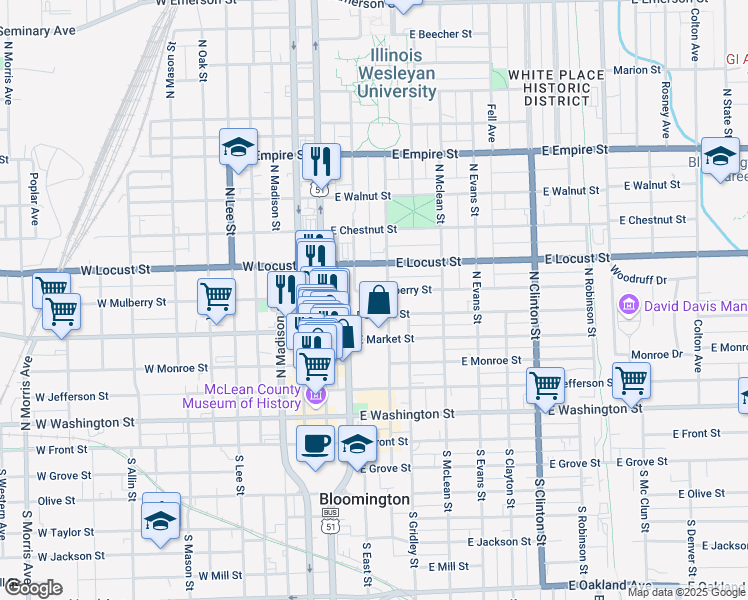 map of restaurants, bars, coffee shops, grocery stores, and more near 207 East Mulberry Street in Bloomington