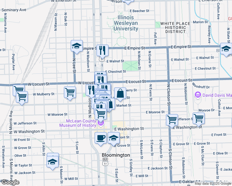 map of restaurants, bars, coffee shops, grocery stores, and more near 207 East Mulberry Street in Bloomington