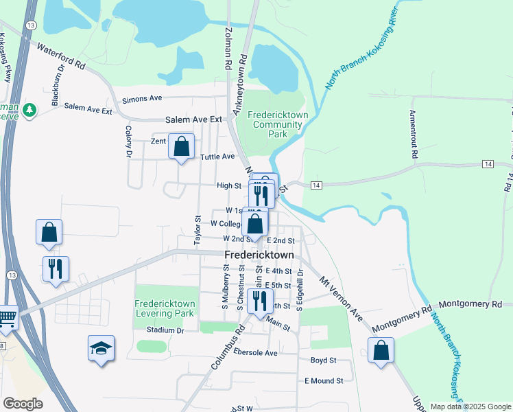 map of restaurants, bars, coffee shops, grocery stores, and more near 167 North Main Street in Fredericktown