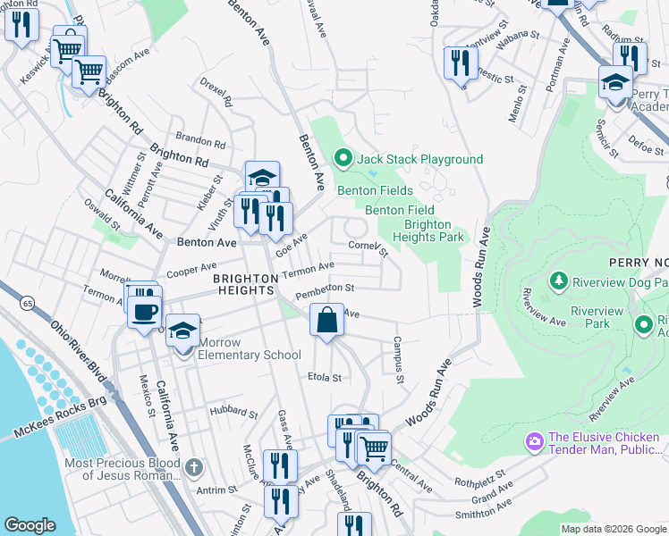 map of restaurants, bars, coffee shops, grocery stores, and more near 1161 Termon Avenue in Pittsburgh
