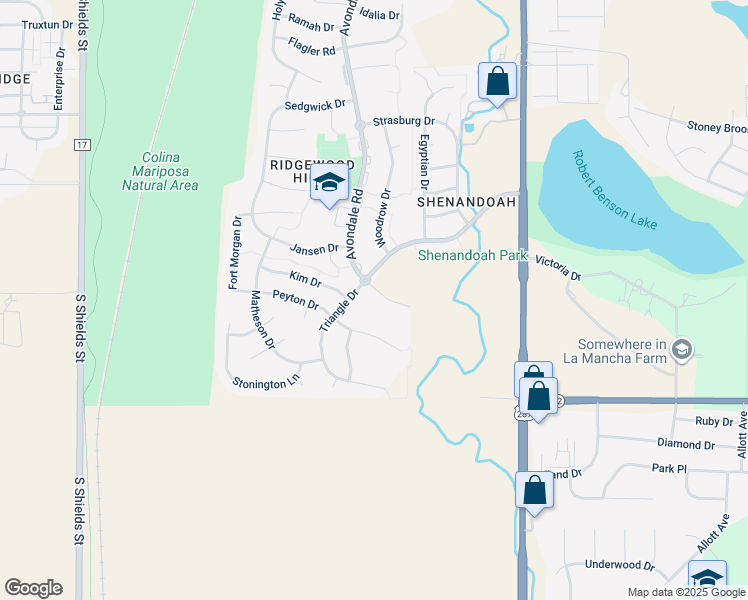 map of restaurants, bars, coffee shops, grocery stores, and more near 7363 Avondale Road in Fort Collins