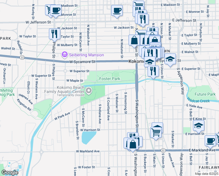 map of restaurants, bars, coffee shops, grocery stores, and more near 316 South Courtland Avenue in Kokomo