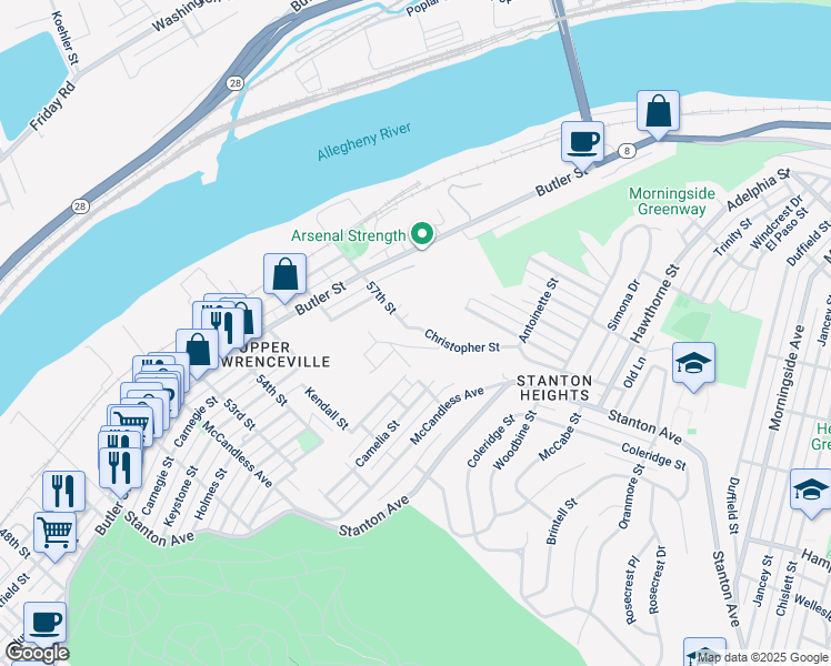 map of restaurants, bars, coffee shops, grocery stores, and more near 249 57th Street in Pittsburgh