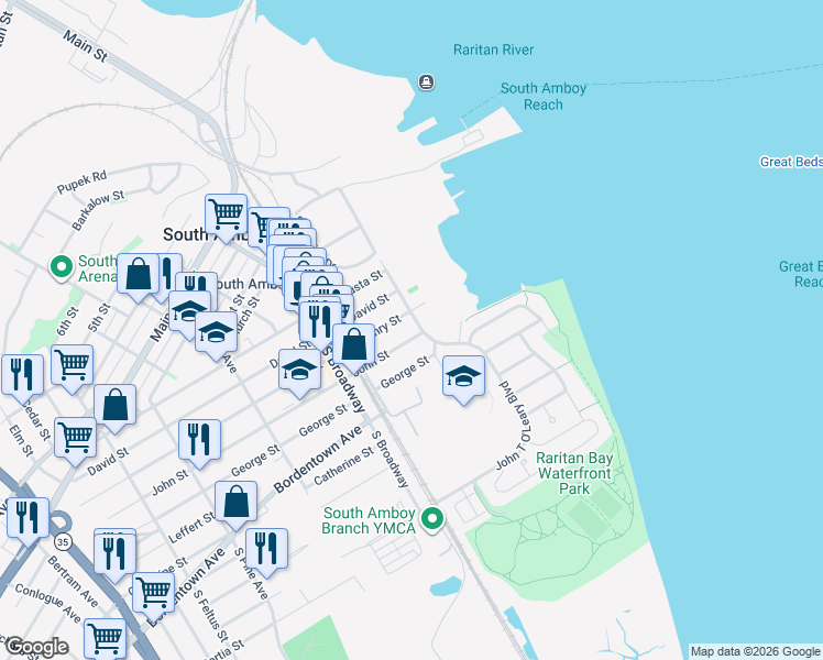 map of restaurants, bars, coffee shops, grocery stores, and more near 113 Henry Street in South Amboy