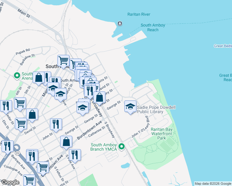 map of restaurants, bars, coffee shops, grocery stores, and more near 113 Henry Street in South Amboy