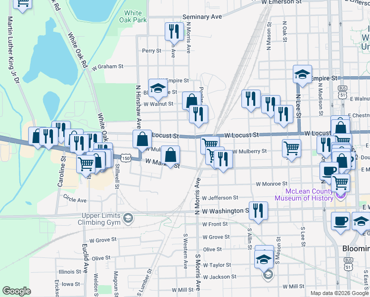 map of restaurants, bars, coffee shops, grocery stores, and more near 1203 West Mulberry Street in Bloomington