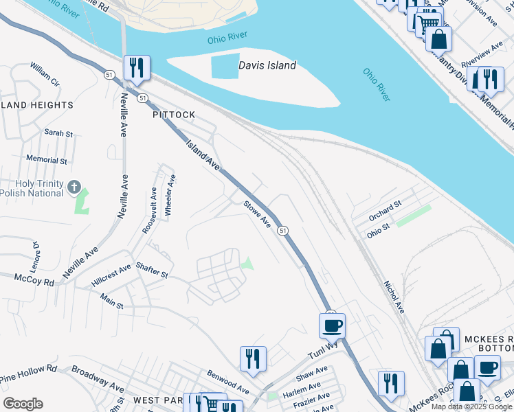 map of restaurants, bars, coffee shops, grocery stores, and more near 1369 Island Avenue in McKees Rocks