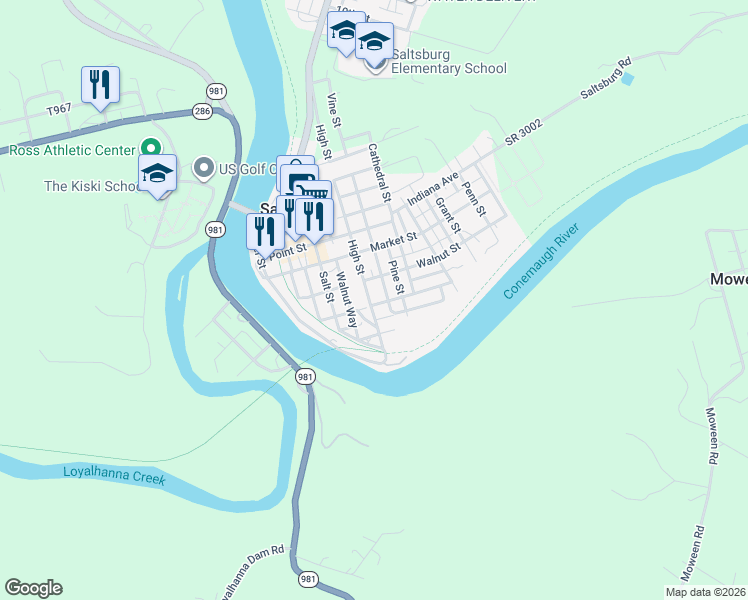 map of restaurants, bars, coffee shops, grocery stores, and more near 817 High Street in Saltsburg