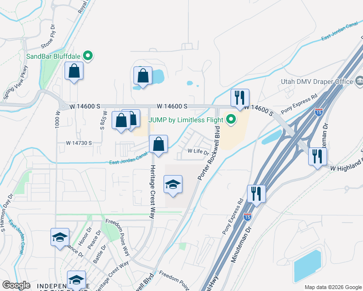 map of restaurants, bars, coffee shops, grocery stores, and more near 14764 Rising Star Way in Bluffdale