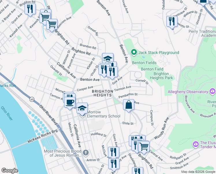 map of restaurants, bars, coffee shops, grocery stores, and more near 3706 Brighton Road in Pittsburgh