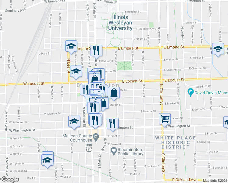 map of restaurants, bars, coffee shops, grocery stores, and more near 207 East Mulberry Street in Bloomington