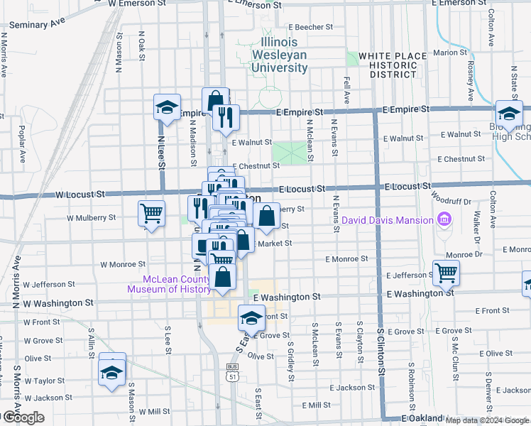 map of restaurants, bars, coffee shops, grocery stores, and more near 207 East Mulberry Street in Bloomington