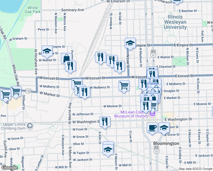 map of restaurants, bars, coffee shops, grocery stores, and more near 709 West Mulberry Street in Bloomington