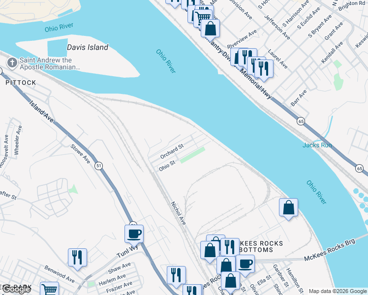 map of restaurants, bars, coffee shops, grocery stores, and more near 69 Orchard Street in McKees Rocks