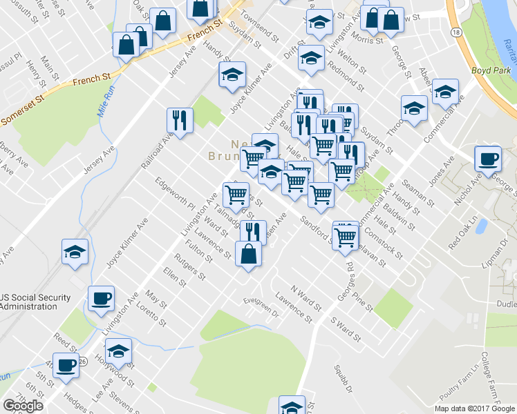 map of restaurants, bars, coffee shops, grocery stores, and more near 196 Powers Street in New Brunswick