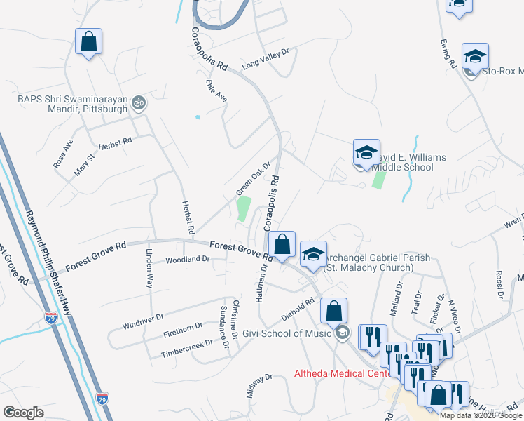 map of restaurants, bars, coffee shops, grocery stores, and more near 1101 Brandon Way in Coraopolis