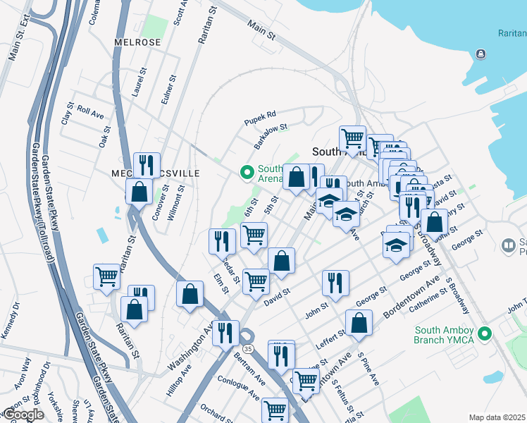 map of restaurants, bars, coffee shops, grocery stores, and more near 324 5th Street in South Amboy