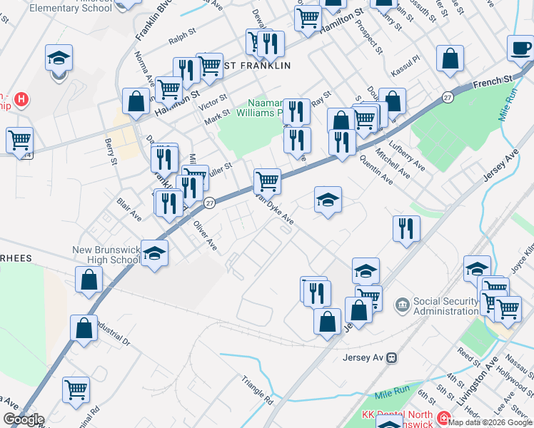 map of restaurants, bars, coffee shops, grocery stores, and more near 6 Van Dyke Avenue in New Brunswick